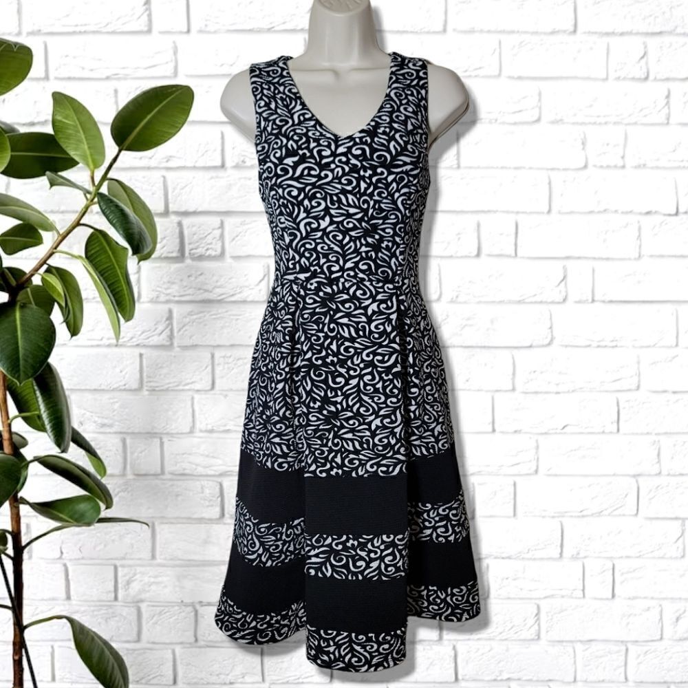 Haani Paisley Black & White Fit & Flare Sleeveless V-Neck Dress